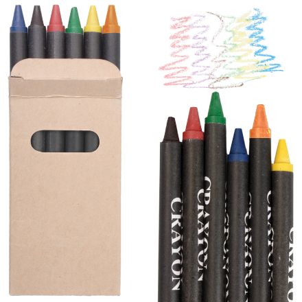 6 waskrijtjes in een kartonnen doosje.