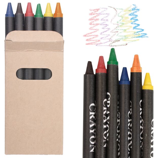 6 waskrijtjes in een kartonnen doosje.