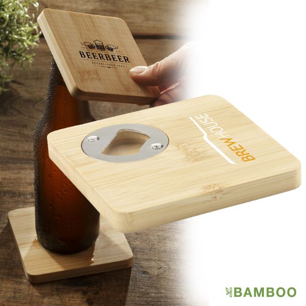vierkante onderzetter bamboe en flesopener