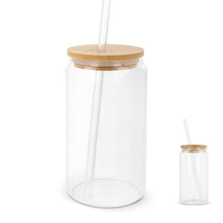 glas met bamboe deksel en rietje 450 ml