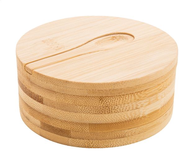 peper en zouthouder van bamboe met serveerlepel