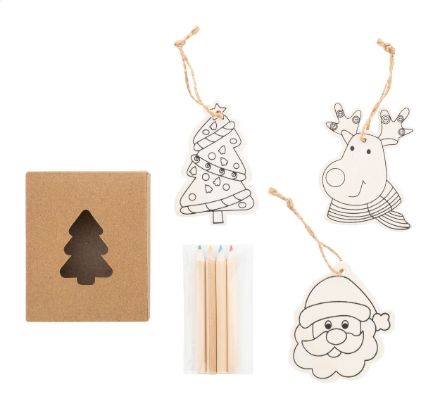 3 ornamenten in doos met 4 kleurpotloden