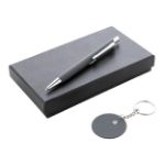 pen en sleutelhanger set miroset in papieren doos - donkergrijs