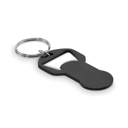 recycled alu sleutelhanger flesopener met token - zwart