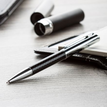 metalen balpen met carbonnen design blauwe inkt