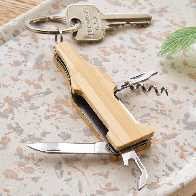 bamboe rvs multitool sleutelhanger flesvormig
