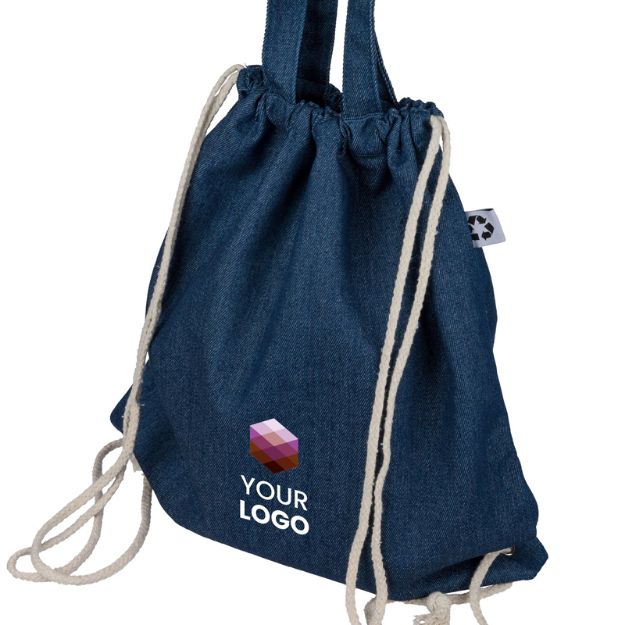 gerecycleerd denim trekkoordrugtas met hengsels