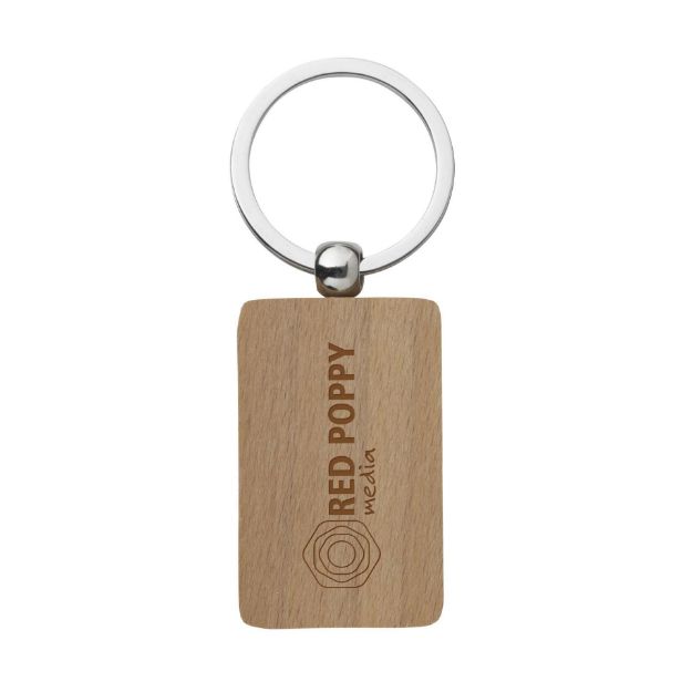 rechthoekige, beukenhouten sleutelhanger.